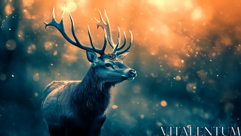 Stag stands in glowing bokeh forest with warm backlight
