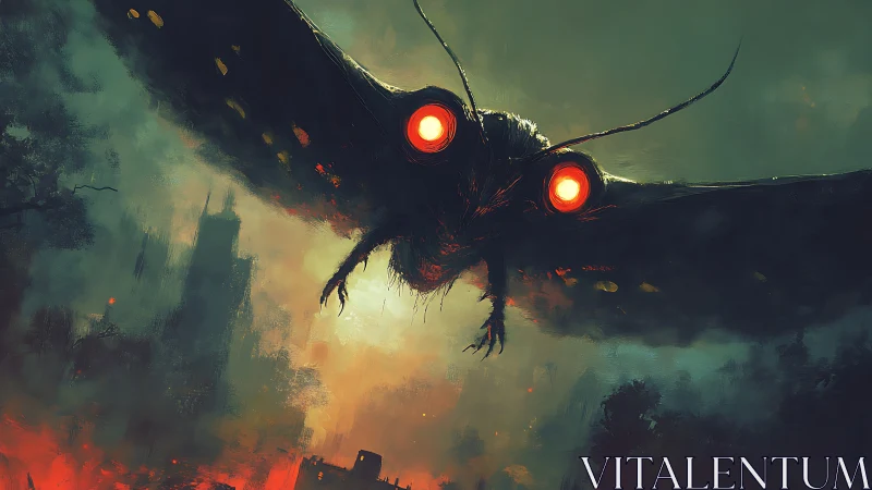 Nightstorm moth god dives through burning city fog tonight