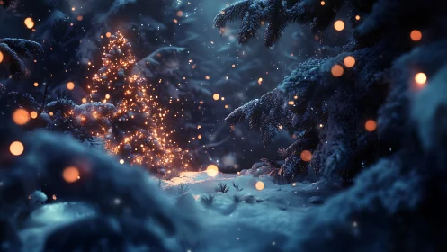 Snowlit spruce cathedral with firefly-bright winter lights.
