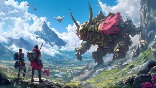 Mountain explorers confront colossal mecha beast in valley.