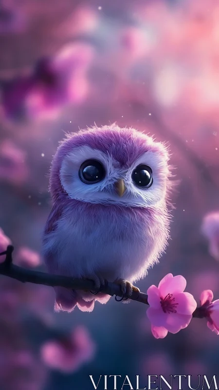 Cute pink owl perched on blossom branch at twilight glow.