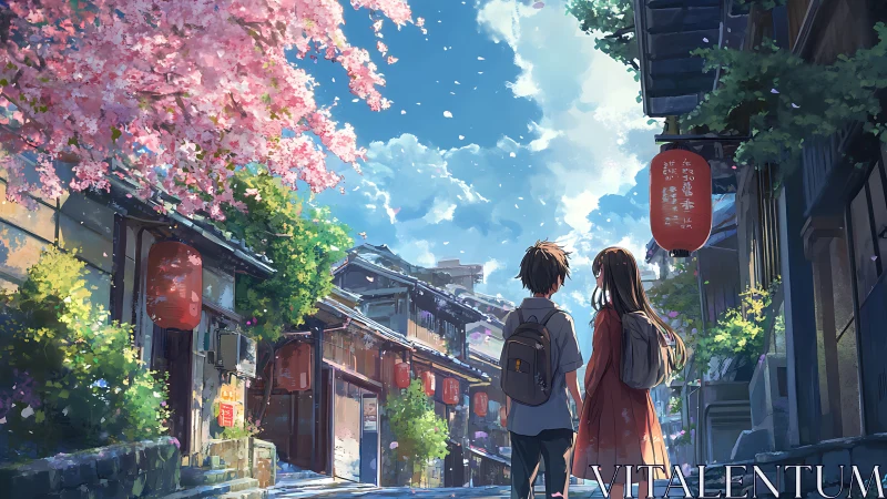 Two students walk under cherry blossoms in old street.