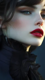 Close-up portrait of elegant woman in dark ruffled collar.