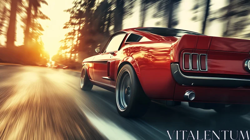 Sunset highway escape with a gleaming red classic car.