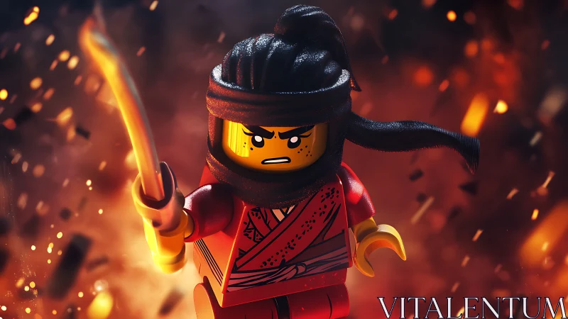 Lego fire ninja charges through sparks and molten dusk.