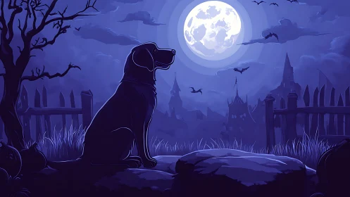 Moonlit dog sentinel in eerie blue haunted graveyard scene.