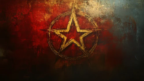 Textured golden star emblem on distressed red grunge field