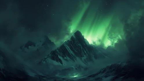 Emerald aurora drapes a silent mountain range in soft light