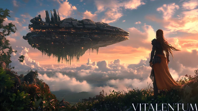 Woman watches colossal floating spaceship at sunset sky.