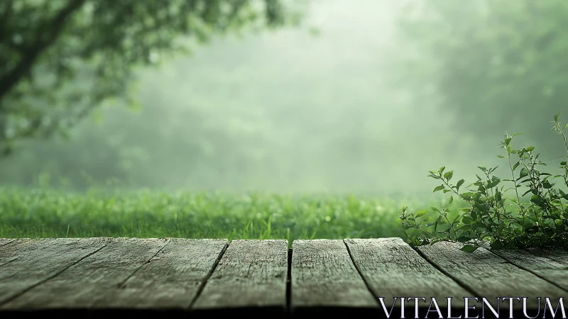 Weathered Wood Deck Overlooks Misty Garden Morning