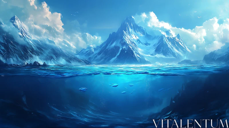 Frozen ocean landscape with towering blue ice mountains.