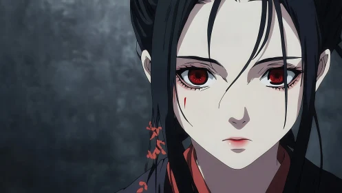 Scarlet-eyed warrior holds her silence like a drawn blade