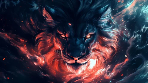 Fiery neon lion erupts from swirling cosmic darkness