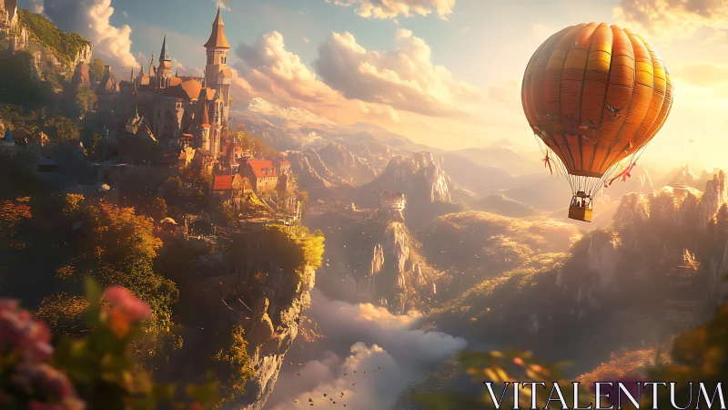 Sunlit hot air balloon drifting above a cliffside castle.