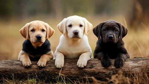 Three labrador puppies resting on log in outdoor setting.