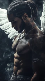 Moody winged guardian poised between strength and softness.