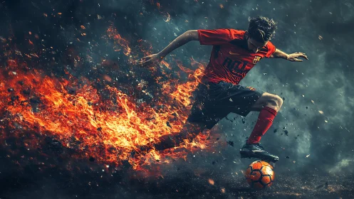 Soccer player mid-kick with stylized trailing fire effect.