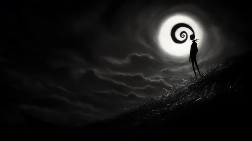 Silhouetted figure on hillside beneath spiral full moon.