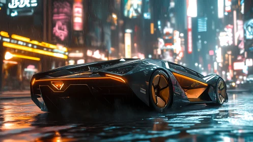 Futuristic sports car on wet neon city street at night.