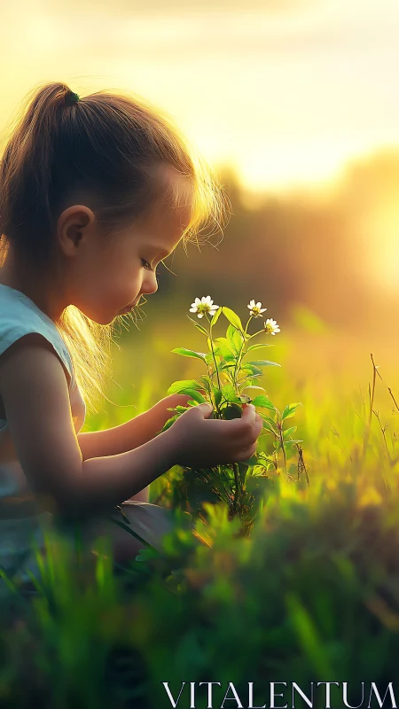 Small girl studies white wildflowers at warm sunset light