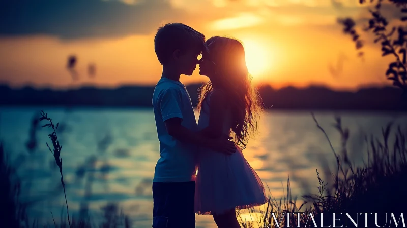 Two figures embrace at sunset over water, backlit composition.