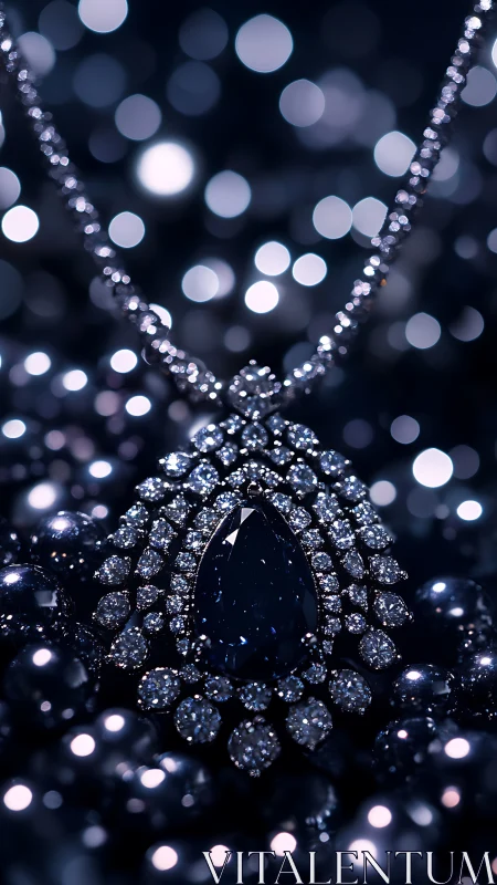 Close-up view shows a dark gemstone pendant with halo setting