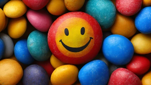 Vibrant Smiley Face Sphere Amid Multicolored Ball Cluster Composition