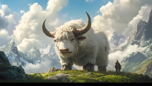 Colossal alpine yak companion in atmospheric mountain pass.