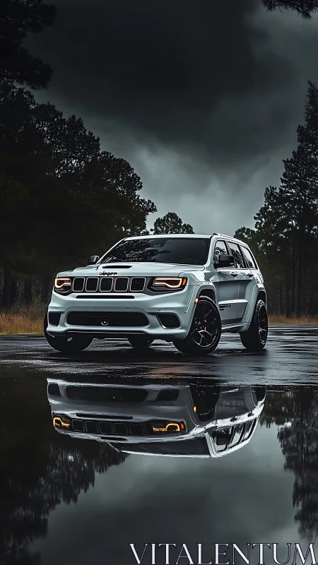 Moody SUV portrait with storm-lit reflection on wet asphalt.