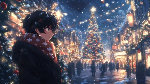 Nighttime anime city street with central illuminated Christmas tree