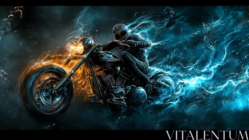 High-contrast neon biker accelerates through dual-color energy trails