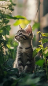 Tabby Kitten in Garden Setting with Natural Backlighting.