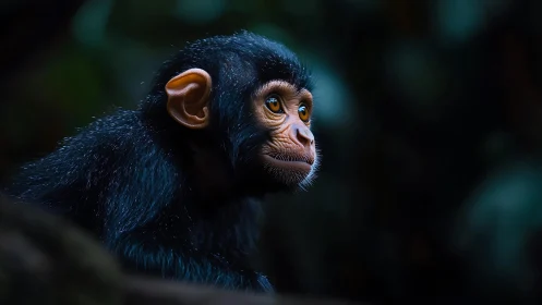 Young chimpanzee gazes sideways in low light rainforest