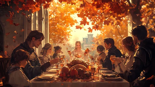Autumn banquet gathers medieval family in warm golden light