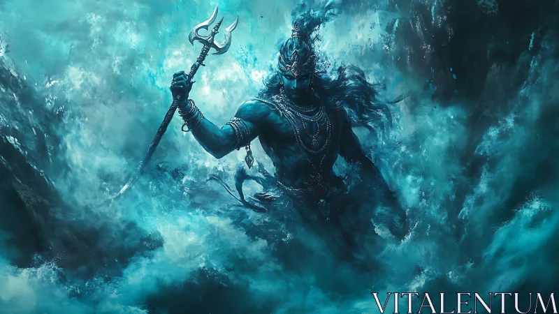 Mythic blue warrior emerges from violent swirling sea.