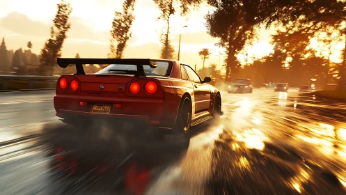 Rear-tracking wet-road drift of red sports coupe at sunset.