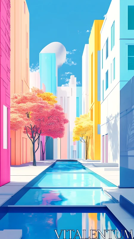 Geometric urban corridor aligns with reflective water channel