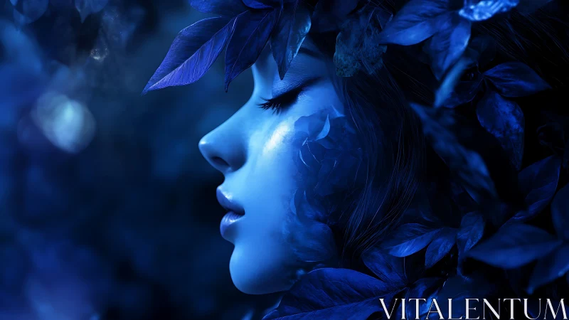Bioluminescent profile of a woman entwined with cobalt foliage