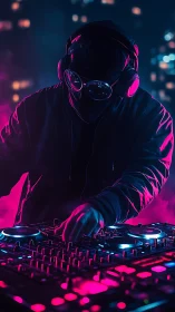 Masked DJ operates illuminated mixer in neon cityscape
