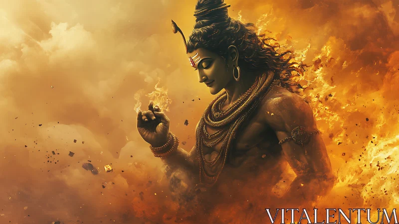 Divine Shiva amid swirling fire clouds in digital glory.