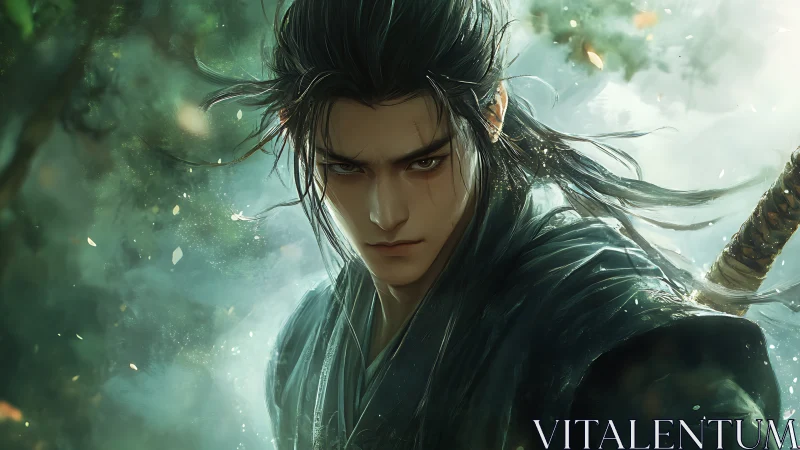 Storm-eyed swordsman stands ready in a misty forest light
