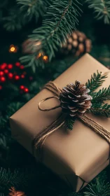 Rustic Christmas gift box under evergreen holiday tree.