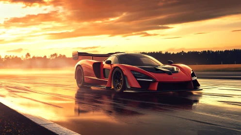 Red track-focused sports car on wet circuit at sunset.