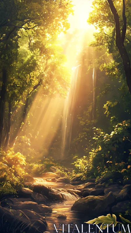 Sunlit forest waterfall with narrow rocky stream corridor.