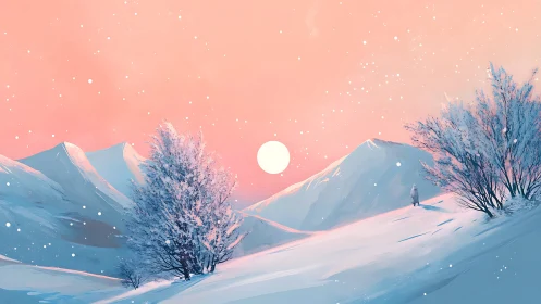 Softly lit winter valley depicts pastel gradient sky and silhouetted sun