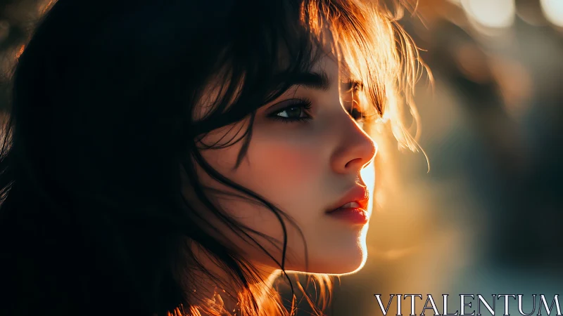 Sunlit gaze brushes a quiet face with molten evening light.