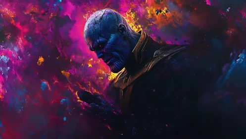 Cosmic warlord profile rendered in neon nebula color fields