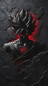 Dark anime warrior bust with red glow and cracked wall.