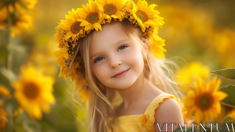Young Girl with Sunflower Crown in Blooming Field.