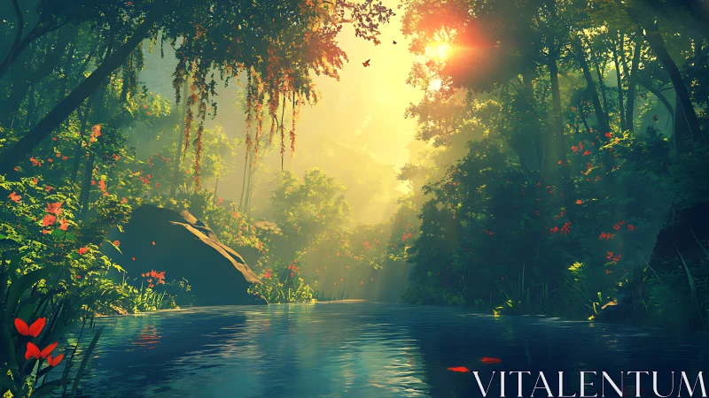 Sunlit Forest Stream with Golden Canopy Light.